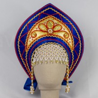 Кокошник "Любава" (сине-золотой с красной окантовкой)