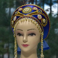 Налобный кокошник "Княжна" взрослый (синий с золотисто-красной окантовкой)