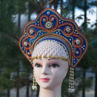Кокошник "Фантазия" взрослый (синий с золотисто-красной окантовкой)