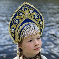 Кокошник "Аленушка" детский (синий с золотистой окантовкой)