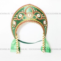 Налобный кокошник "Девичий" (зеленый с золотисто-красной окантовкой)