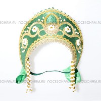 Налобный кокошник "Девичий" (зеленый с золотистой окантовкой)