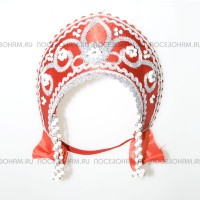 Налобный кокошник "Девичий" (красный с серебристой окантовкой)
